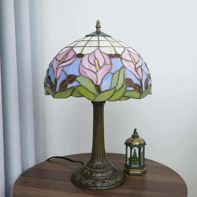 Tiffany Lamp 12 Inch Blue Pink Calla Lily Victorian Stained Glass Table Lamp Antique Bedside Reading Lamp For Bedroom Nightstand Office Light Dorm Room Decor Tiffany Style Retro Home Decoration Gifts