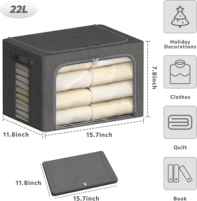 4 Pack Clothes Storage Bins with Metal Frame - 22L Stackable Storage Box with Lid，Foldable Storage Container Organizer for Clothes，Linen Fabric Storage Box with Clear Window＆Zippers＆Handles