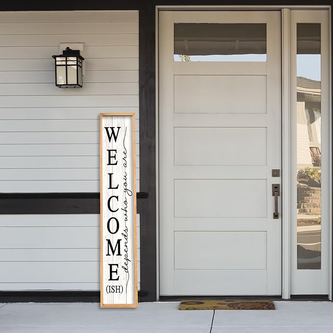 Welcome-ish Sign for Front Porch Standing 45"X9" Large Farmhouse Outdoor Wood Framed Home Vertical Tall Funny Large Welcome Sign For Rustic Modern Outside Front Door Wall Decor (Wood White)