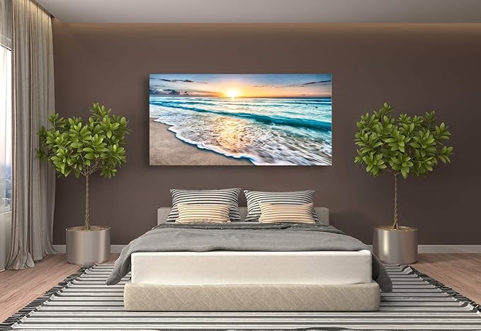 Baisuart S02275 Canvas Prints Wall Art Beach Sunset Ocean Waves Nature Pictures Stretched Pictures to Photo Paintings on Canvas for Home Office Decorations Wall Décor XXLarge 30x60inch