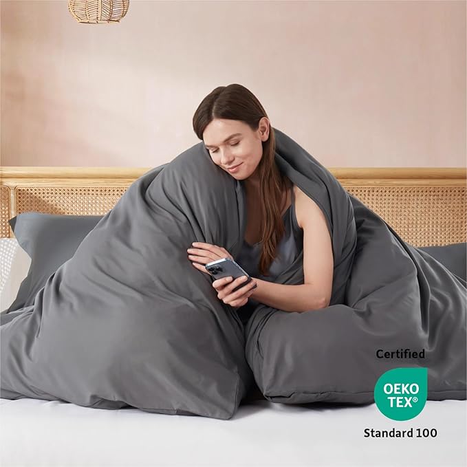 Nestl Queen Duvet Cover Set with Comforter Insert - Dark Grey 4 Piece 90x90 Duvet Cover & 2 Pillow Shams with White Quilted Down Alternative Comforter, Ultra Soft, All Season