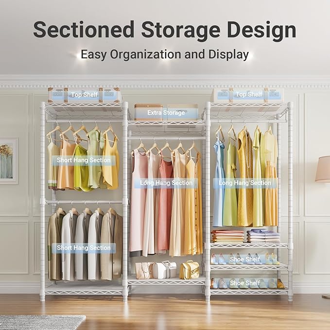 VIPEK V5 Portable Closet Wardrobe Heavy Duty Clothes Rack, Freestanding Clothing Racks with 4 Hang Rods & 8 Shelves, Adjustable Custom Closet Racks, 68.9" L x 15.7" W x 76.4" H, Max Load 800LBS, White