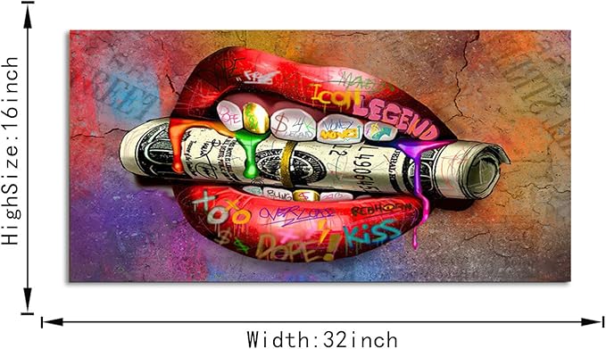 Sexy Red Lips and Dollar Colorful Graffiti Wall Art Office Home Artwork Wall Decor Inspirational Graffiti Street Wall Art Money Sexy Lips Art Print Wall Pictures Framed Ready to Hang-32 Wx16 H