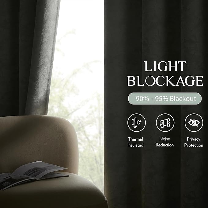 Beauoop Green Floral Jacquard Blackout Curtains 108 Inches Long 2 Panels for Bedroom Living Room Sage Flower Chenille Room Darkening Thermal Soundproof Grommet Window Treatments Drapes, 52x108