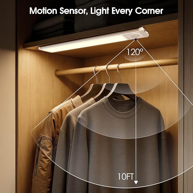 Chasesun 9.6inch Under Cabinet Lights, LED Motion Sensor Closet Light, Wireless USB-C Rechargeable Under Counter Lights 3 Color Temperatures & Adjustable Brightness, Magnetic Mount for Kitchen, 5 Pack