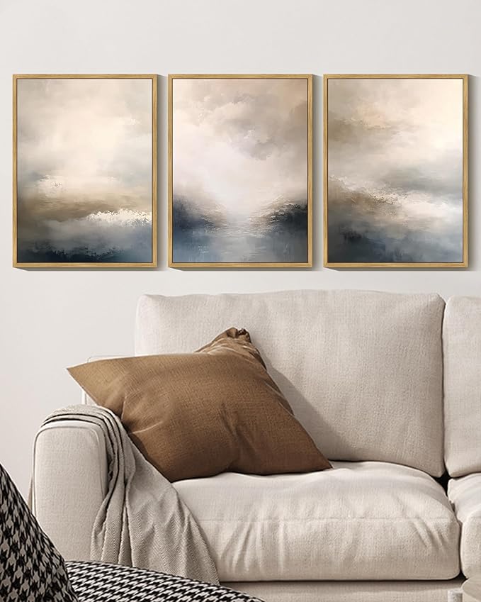 KUVIOKE Boho Abstract Wall Art Framed Minimalist Beige Gray Prints Watercolor Neutral Rustic Artwork Hallway Bedroom Living Room Decor 11x14in (Natural Framed)