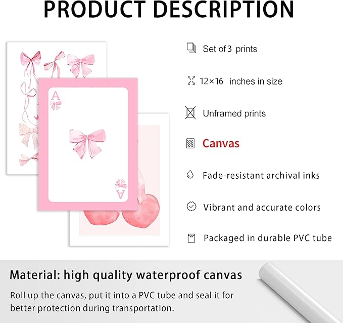 WRFON Trendy Pink Bows Canvas Wall Art, Vintage Preppy Cherry Poster Prints, Pink Watercolor Bows Wall Decor, Coquette Girly Room Aesthetic Pictures for College Apartment Bedroom Unframed 12"x16"x3