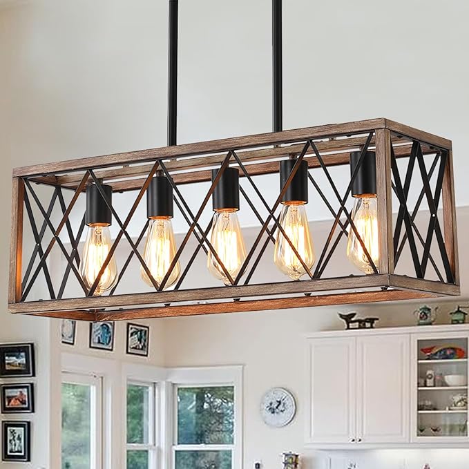 Farmhouse Light Fixtures,5-Light Dining Room Light Fixture,Height Adjustable, Industrial Metal Kitchen Pendant Lighting Over Island, Chandelier for Dining Table Kitchen Sink, Wood Grain Finish.