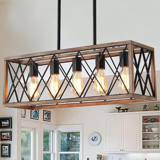 Farmhouse Light Fixtures,5-Light Dining Room Light Fixture,Height Adjustable, Industrial Metal Kitchen Pendant Lighting Over Island, Chandelier for Dining Table Kitchen Sink, Wood Grain Finish.