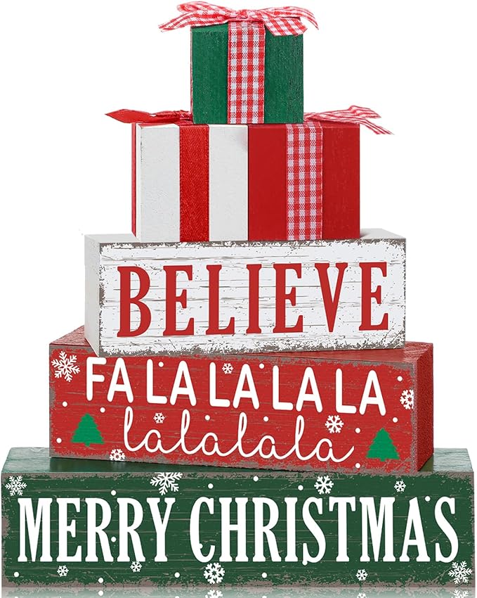 Geelin 4 Pieces Merry Christmas Wooden Table Decorations Xmas Present Box Wooden Signs Rustic Christmas Tiered Tray Decor Xmas Believe Tabletop Centerpieces for Home Desk Room Kitchen Shelf