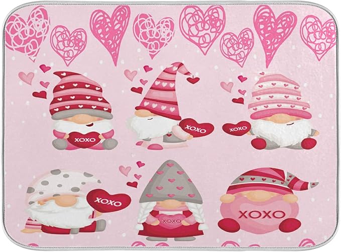 Happy Valentine Hearts Gnomes Dish Drying Mat 18 X 24 In Red Love Absorbent Microfiber Dry Dishes Pads Tableware Mats Protector for Kitchen Countertops Counter Home Decorations