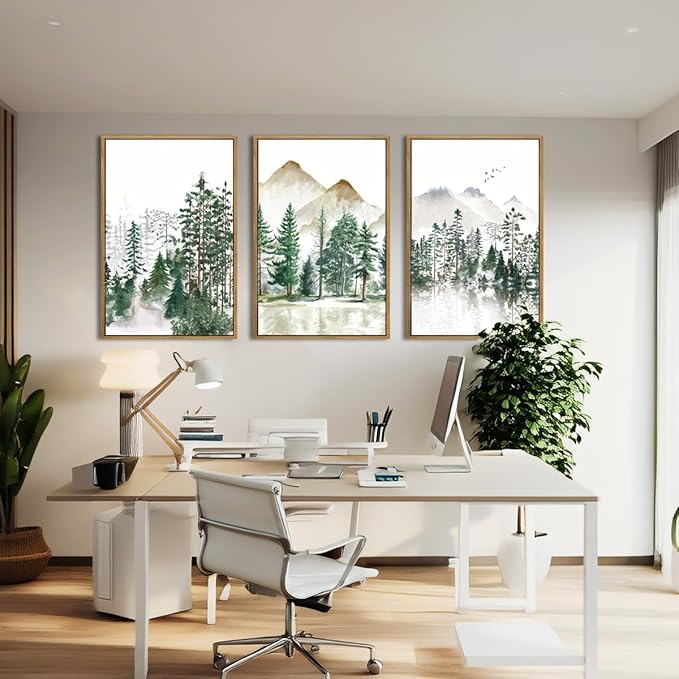 Extra Large Forest Mountain Wall Art Green Watercolor Framed Tree Painting Wall Decor for Living Room Bedroom Bathroom Office 24x36 Inch Set of 3