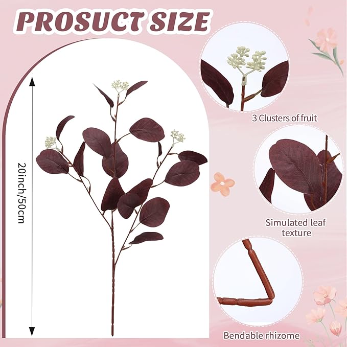 20 Pcs Fall Artificial Eucalyptus Stems 20" Burgundy Silk Fake Eucalyptus Leaves with Berries Fresh Dried Fall Greenery Stems Burgundy Plant Arrangement for Autumn Wedding Vase Table Centerpiece Decor