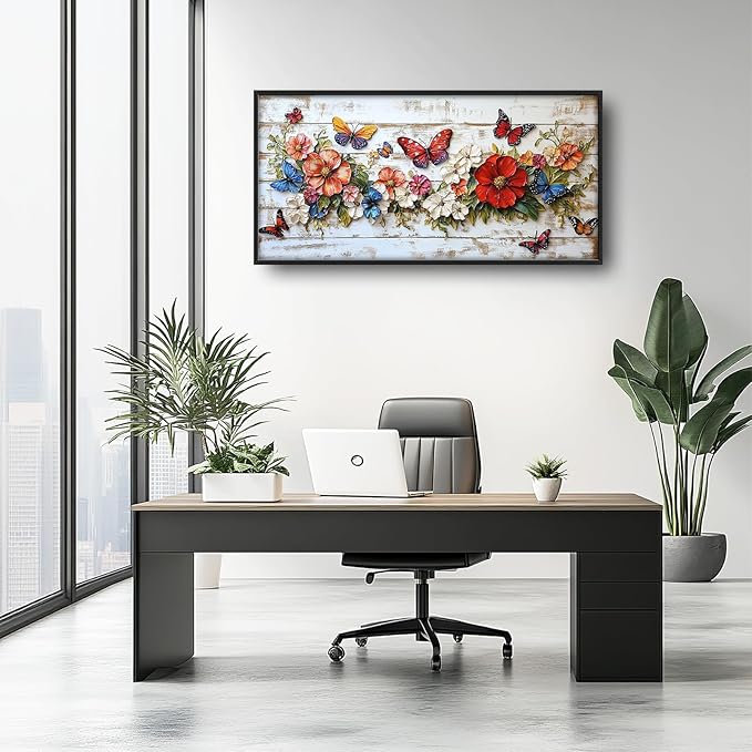 Olivine Flower Large Wall Art, Butterfly Pictures Wall Decor, Boho Painting, Rustic Wood Grain Canvas Prints, Framed Artwork for Dining Room Living Room Bedroom Bathroom Office Home Decor 60"x30"