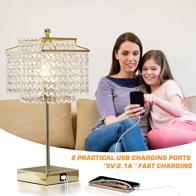 Luvkczc Crystal Touch Table Lamp, Bedside Lamps with with USB C+A Ports, Gold Bedroom Lamp, 3 Way Dimmable Lamp with Crystal Shade, Nightstand Lamps for Bedroom, Living Room, Bulb Included