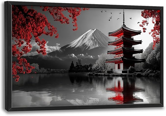 Olivine Japan Large Wall Art, Black And White Pictures Wall Decor, Landscape Paintings, Mountain Canvas Prints, Framed Artwork for Dining Room Bedroom Living Room Office Bathroom 36"x24"