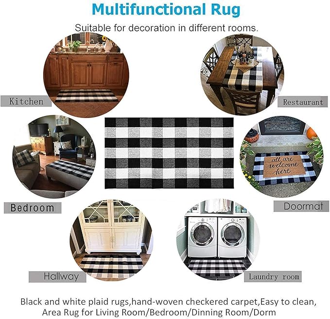SEEKSEE Cotton Buffalo Plaid Rug 27.5"x43" Black and White Checked Rug Washable Doormats Indoor Outdoor Rugs for Layered Front Door Mats, Porch, Kitchen, Farmhouse, Entryway