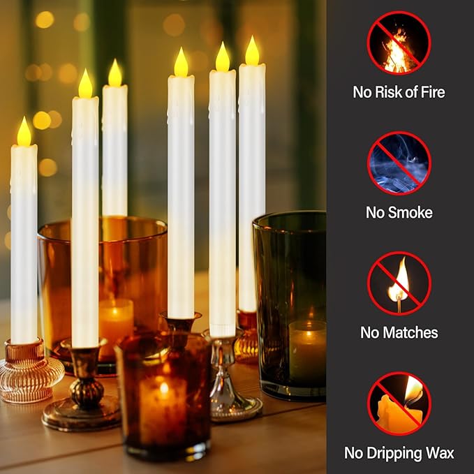 Flameless Taper Candles 10.6" Dripless Battery Operated Taper Candles Included Remote Timer 400+ Hours by 2AA Batteries for Halloween Christmas Wedding (White, 12 Pack)