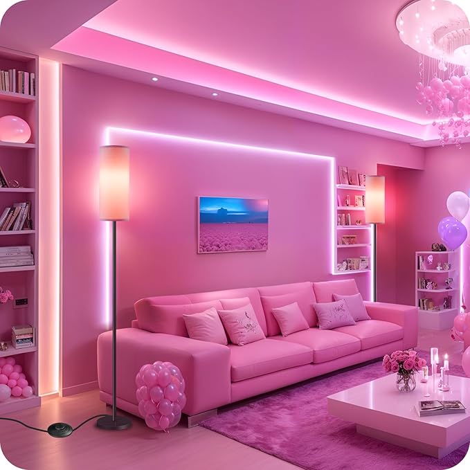 Dimmable Pink Floor Lamp for Living Room with Remote and Foot Switch, Corner Floor Lamp for Bedroom, 64.4" Standing Tall Lamp, 10W 900LM Bulb Included, 3000K-6500K, Linen Shade, FCC Listed P06LD05W1