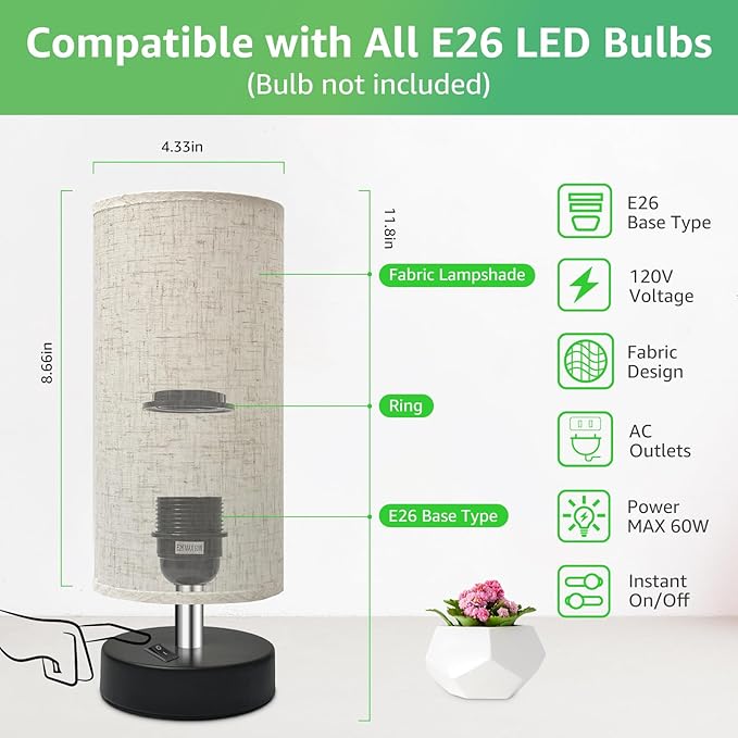 Small Lamp for Bedroom, Bedside Lamps for Night Stands, Mini Minimalist Table Lamp with Round Flaxen Fabric Shade, 11 Inch Desk Reading Lamp for Dorm Room Living Room Office Room, 1 Pack