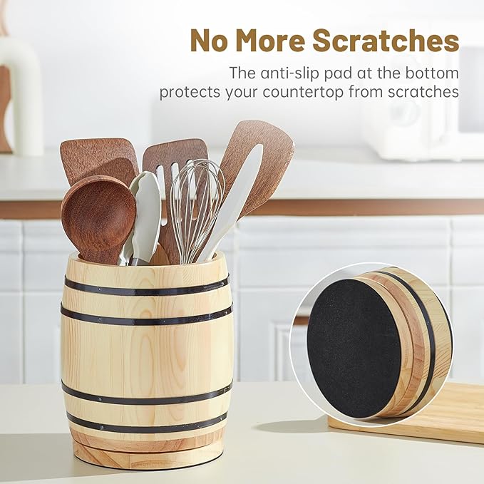 Natural Pine Wood 360° Rotating Wine Barrel Utensil Crock - Kitchen Countertop Organizer & Cooking Tool Holder, Rustic Farmhouse and Western Decor, Ideal Spoon/Spatula Storage, Kitchen Decor Accessory