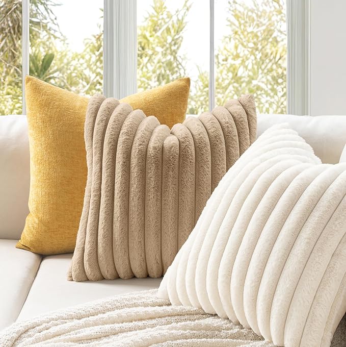 MIULEE Faux Fur Lumbar Decorative Throw Pillow Covers 12x20 Inch Set of 2, Modern Spring Home Decor Soft Plush Couch Pillows Cozy Fluffy Cushion Covers for Sofa Bed Beige