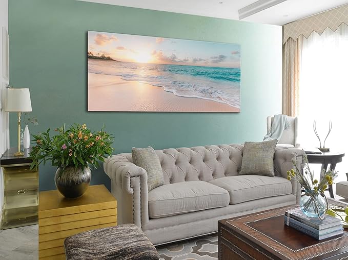 OKEXCKK Beach Canvas Wall Art - Sunset Ocean Picture Green Nature Seascape Painting Print for Kitchen, Bedroom, Living Room Decoration, Large Coastal Artwork Poster for Wall Decor 20"x40"