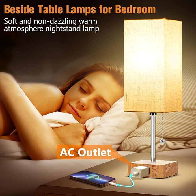 Bedside Table Lamps for Bedroom Nightstand, Bedroom Lamp with 3 Color Temperatures Nightstand Lamps Set of 2 with AC Outlets, Square Pull Chain Bedside Lamp for Living Room, Home Decor