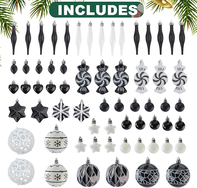 73 Pcs Christmas Ball Ornaments, Tree Decoration Set Christmas Ball Shatterproof Hanging Ornament Decorations for Christmas Tree (Black)