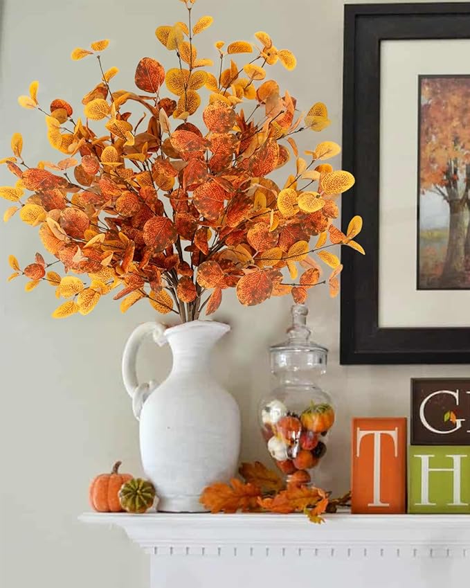 Krissing 6 Pcs Fall Artificial Eucalyptus Stems, 26.5" Fall Eucalyptus Leaves Fall Faux Greenery Stems for Autumn Home Table centerpieces Arrangement Fall Decorations