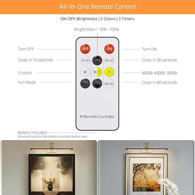 Wireless Picture Lights for Wall Rechargeable,16.14" Battery Operated Art Light for Paintings,3CCT Dimmable with Remote,Rotatable Gallery Light for Pictures Display,Wood Grain