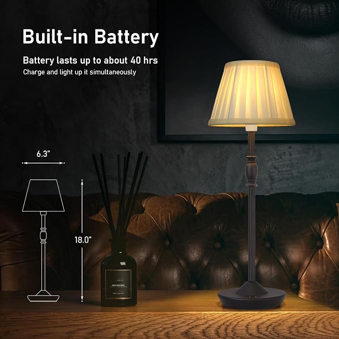 Cordless LED Touch Lamp with Dimmer Portable Small Table Lamp, 18" 2700K Rechargeable Battery Light for Bedside, Dining Room, Bedroom Lamp, Patio, Bar, Night Light, Bathroom (Sand Black)