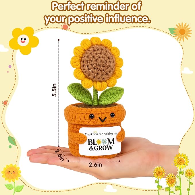 Crochet Sunflower Appreciation Gift “Thank You for Helping Me Bloom & Grow” Knitted Flowers Plush for Teacher, Principal, Mentor, Counselor, Farewell, Retirement, Thanksgiving, Christmas