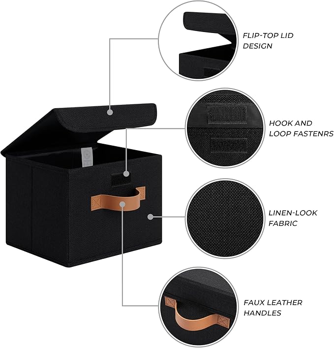 GRANNY SAYS Small Storage Bins with Lids, Small Storage Boxes, Shelf Baskets for Shelf, Collapsible Storage Bins for Living Room, Bedroom, 10x8x7 Inch, Black, 2-Pack