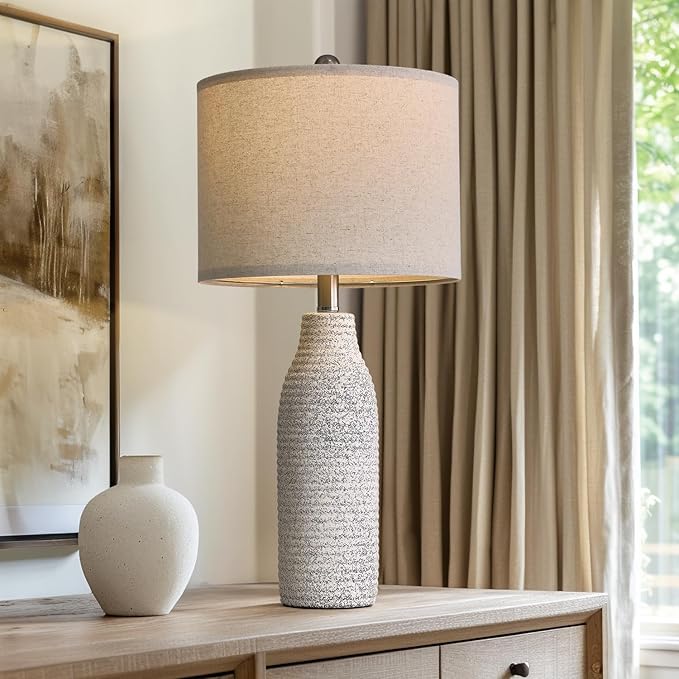 PORTRES 25" Ceramic Table Lamp for Bedroom Bedside Lamps for Night Stands Modern Lamps for Living Room with Rotary Switch Gray and White（1Pack）