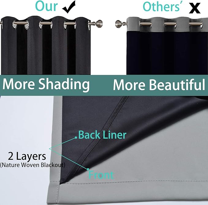 Yakamok Gray 100% Blackout Curtains Energy Saving Thermal Insulated 2 Thick Layers Completely Blackout Drapes with Black Liner for Bedroom (52Wx108L, Grey, 2 Panels)