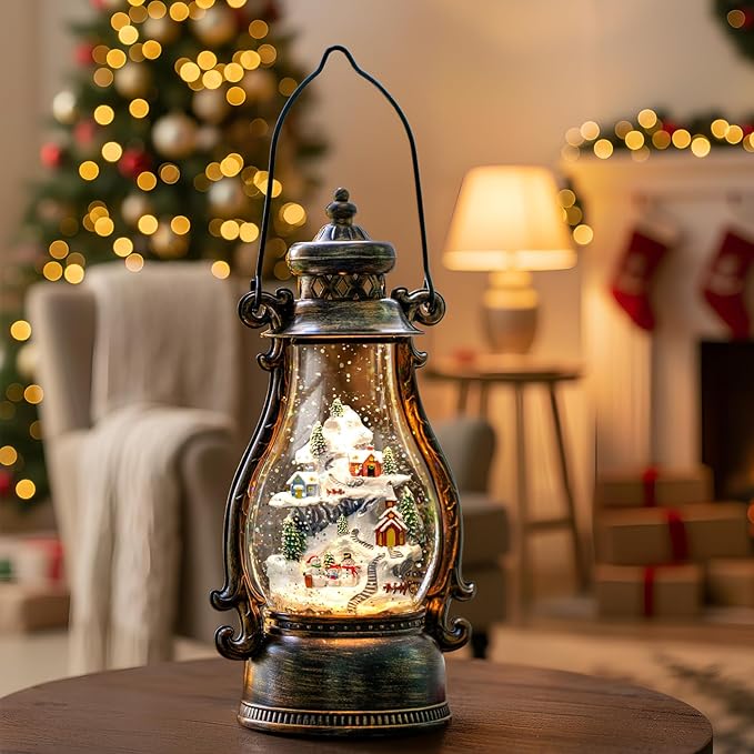 14.2" Christmas Village Buildings Tall Snow Globe Lantern Water Glittering Snowman Family with Music & Timer, USB Lined/Battery Operated Lighted Lantern for Christmas Festival Decoration Gifts