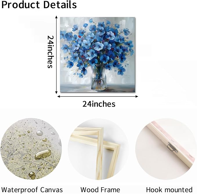 AoArtWZ Flower Canvas Wall Art White and Blue Flowers Pictures Artwork Abstract Floral Rustic Farmhouse Painting Prints for Home Decoration Framed 24" x 24"