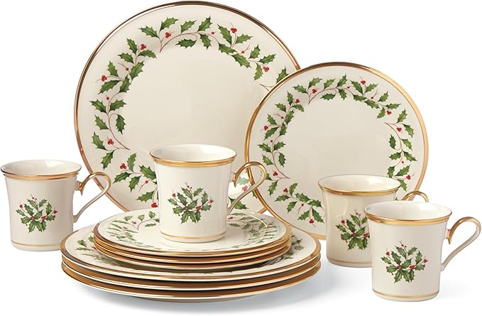 Lenox 6122048 Holiday 12-Piece-Plate-&-Mug Set, Christmas Dinnerware, Hosting