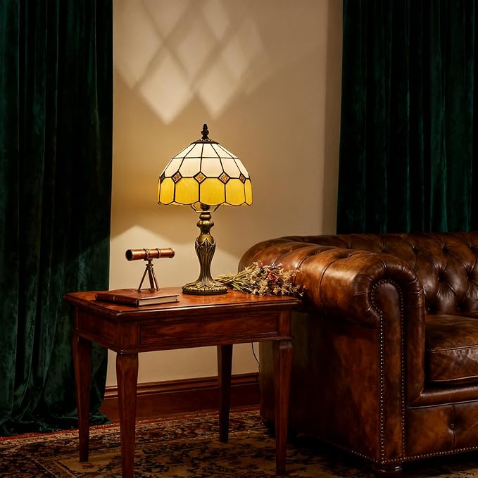 Tiffany-Style 8 Inch Table Lamp Mediterranean Series Stained Glass Lampshades Small Bedside Lamp Reading Antique Desk Light Livingroom Bedroom Office Vintage Art Deco Victorian(Color:Orange)