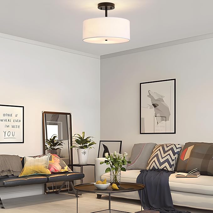 3-Light Semi Flush Mount Ceiling Light Modern Black Drum Light Fixtures with White Fabric Cover Shade Round Chandelier for Bedroom Living Room Kitchen and Hallway