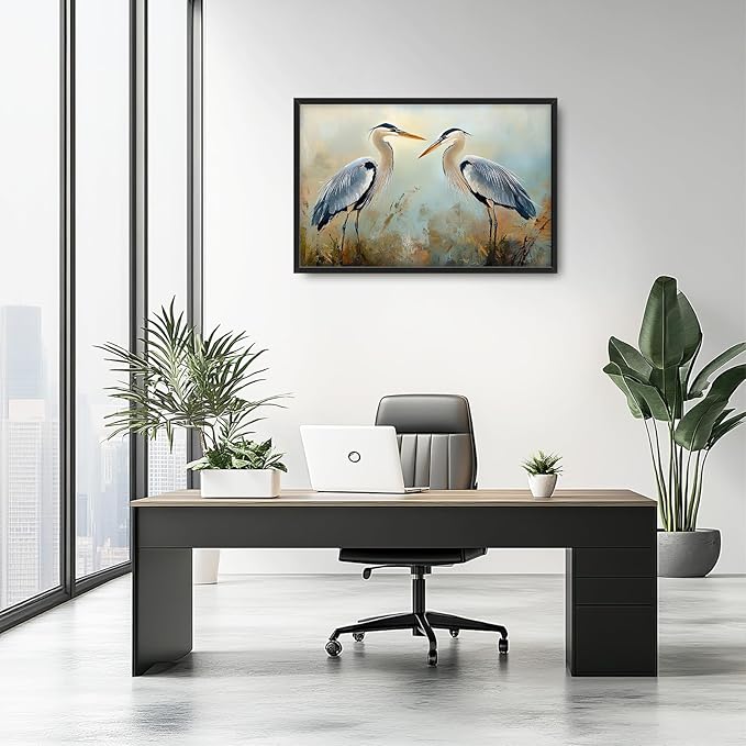 Blue Heron Framed Wall Art for Living Room, Large Birds Canvas Wall Decor, Animal Pictures Painting, Modern Artwork for Bathroom Bedroom 36L'' × 24W''