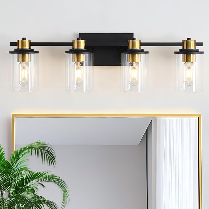 LOUSACE Bathroom Lighting Fixtures Black and Gold 4 Light Bathroom Vanity Light Over Mirror with Clear Glass Shades, Brushed Gold Socket Wall Vanity Lighting Fixtures for Bedroom Living Room