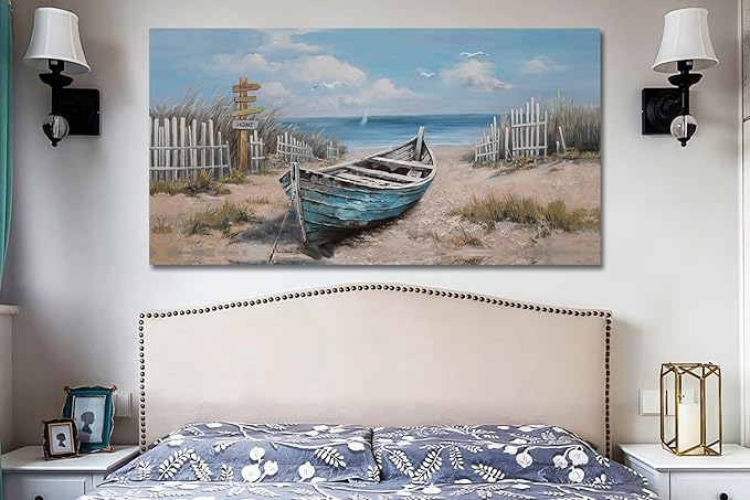 Ardemy Blue Coastal Canvas Wall Art for Living Room Textured Beach Painting Turquoise Teal Bedroom Picture Modern Boat Artwork Framed Home Office Kitchen Bathroom Wall Decor, Large 40"x20"
