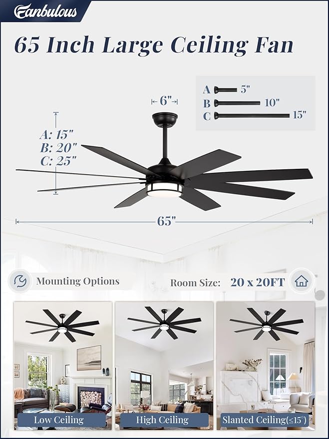 65 Inch Ceiling Fans with Lights and Remote, Farmhouse Large Ceiling Fans, Black&Brown Modern Ceiling Fan with LED Light, Quiet DC Motor for Living Room, Bedroom, Kitchen, Indoor
