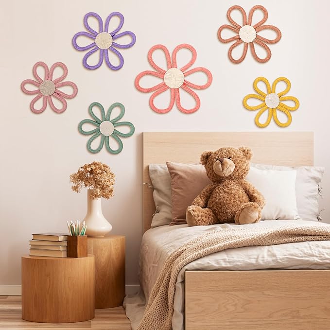 Barydat 6 Pcs Boho Nursery Decor Daisy Flower Woven Macrame Wall Hanging 3 Size Daisy Flower Wall Decor Bohemian Nursery Decorations for Home Dorm Art(Multicolor)