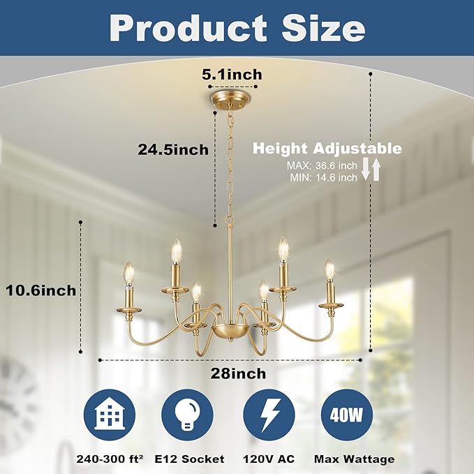 Depuley Gold Chandelier Light Fixture: 6-Light Modern Farmhouse Chandelier for Dining Room Lighting - Industrial Hanging Pendant Lights Kitchen Island - Vintage Iron Candle Chandeliers for Foyer
