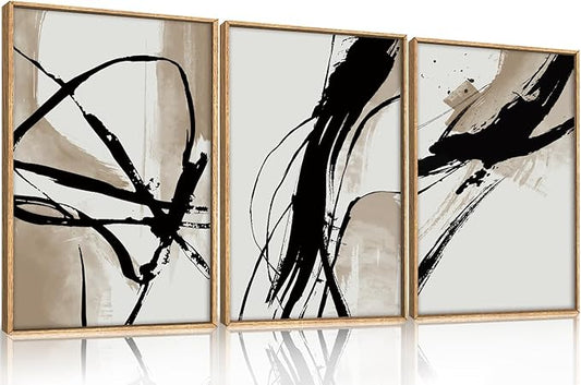HOURIA Large Abstract Tan and Black Brush Stroke Framed Canvas Wall Art Set,Textured Beige Circle Wall Decor,Minimalism Brown Ink Line Artwork,Modern Shape Art Print for Living Room,Bedroom- 16"x24"x3