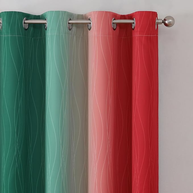 Estelar Textiler Red and Green Blackout Curtains 45 Inch Length, Full Room Darkening Ombre Drapes for Kitchen, Thermal Insulated Grommet Christmas Curtains for Basement, 52Wx45L, 2 Panels