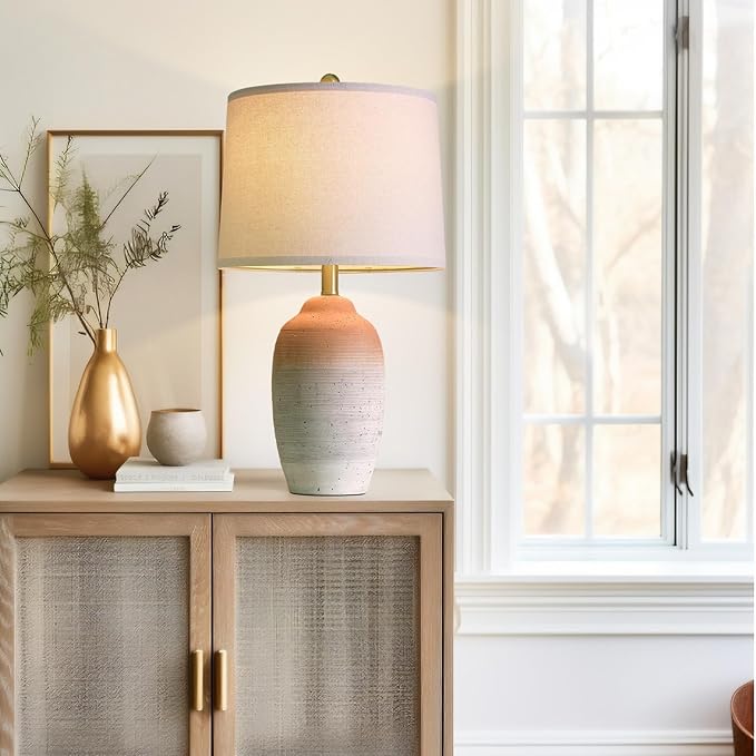 24.5" Vintage Ceramic Table Lamp - Single Farmhouse Rustic Bedside Lamp with Natural Textured Finish, Nightstand Lamps for Living Room, Bedroom, End Table, Office White and Brown